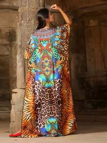 Solessence Váy Kaftan dài họa tiết toàn thân cỡ lớn Ramadan, Váy tay cánh dơi cổ chữ V thanh lịch, Quần áo cỡ lớn cho phụ nữ - Nhiều màu - Xem 2