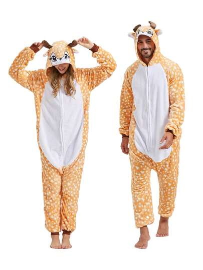 1件鹿形动物毛绒保暖睡衣套装，男女通用，适合秋冬季节，可用于派对、角色扮演、情侣礼物