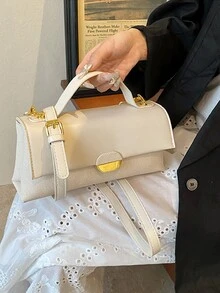 冬季新款时尚经典百搭复古Pu防水面料，Pu拼接面料手提包，金属扣装饰翻盖单肩包，适合购物。旅行、聚会、约会使用。 - 白色 - 查看 7