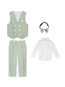 四件套男童正装，适合学校、婚礼、派对等场合，包括双排扣马甲、长裤、长袖衬衫和领带。 - 綠色 - 查看 2