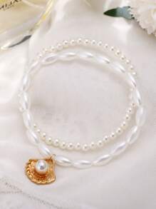 2pcs/Set Faux Pearl Shell Pendant Anklet Set, Minimalist Fashion Style, Suitable For Daily Wear, All Seasons