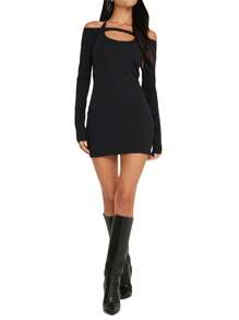 Women Wrapped Dresses Tops Sleeveless Hanging Neck Solid Color Short Midi Long Sleeved Tops - Black - View 5