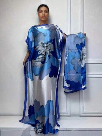 Abaya imprimé abstrait élégant avec col bateau et manches chauve-souris - Jupe longue pour femme