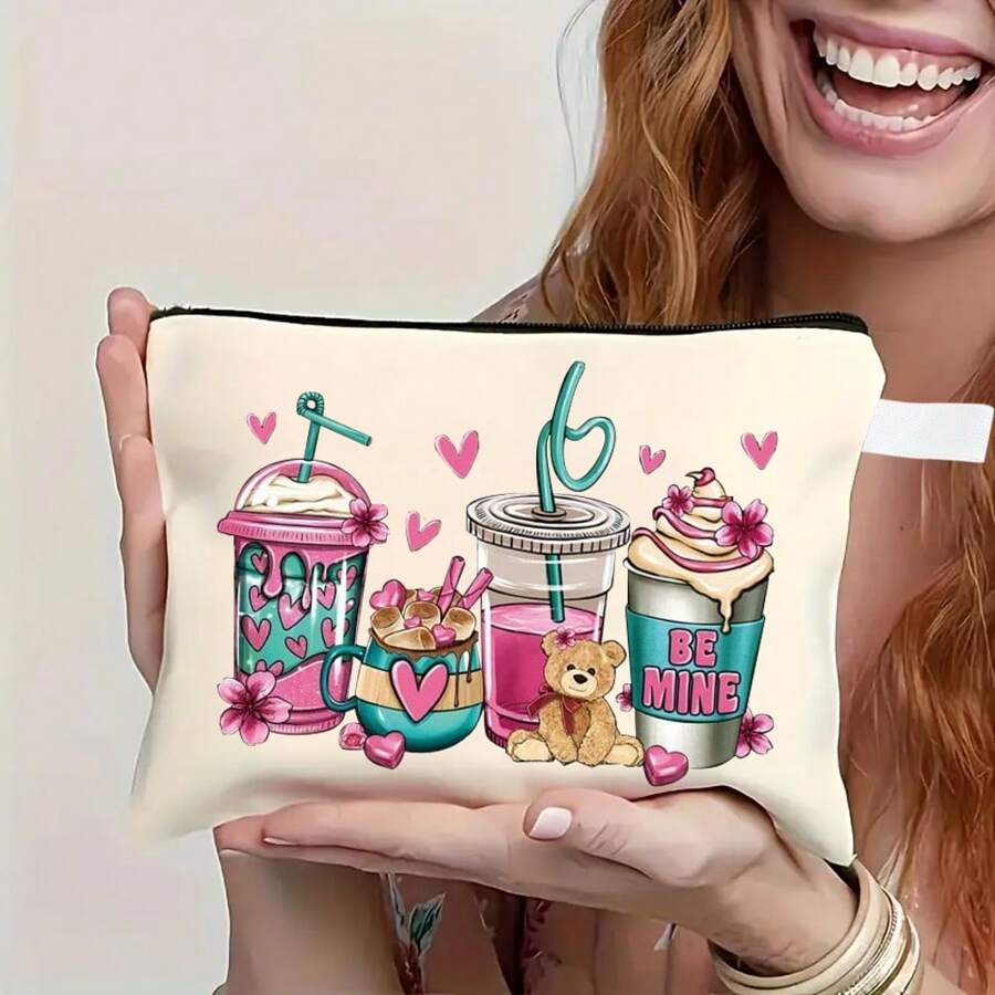 1 件拉链袋收纳袋，帆布休闲化妆包，带可爱图案，适合女孩礼物，旅行必需品收纳袋，妻子/女朋友生日礼物，同事/员工感谢礼物 - 米色 - 查看 1