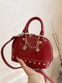 Simple Solid Color Niche Design Dice Chain Pendant Decorative Handbag, Exquisite Small Portable Practical Daily Versatile Lipstick Bag, Rivet Decoration Sweet Cool Hot Girl Adjustable Shoulder Strap Crossbody Bag, Suitable For Dating Shopping Outing Storage Mobile Phone Lipstick Change