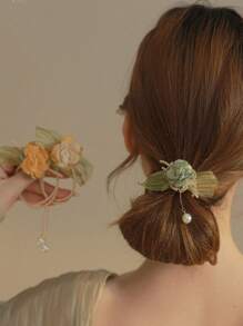 3 Stücke Blumen Haargummis für Frauen, hochwertige Kunstperlen-Quaste, Haargummi Haarzubehör Scrunchies - Gelbe Blüten + grüne Blüten + cremefarbene Blüten - Übersicht 4