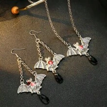 2pcs Gothic Retro Bat Pendant Necklace & Earring Set, Faux Crystal For Women