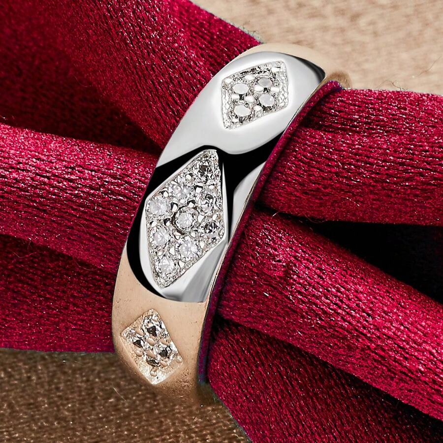 925纯银AAA级三颗锆石戒指，女士时尚婚礼订婚派对礼物首饰 - 銀色 - 查看 1