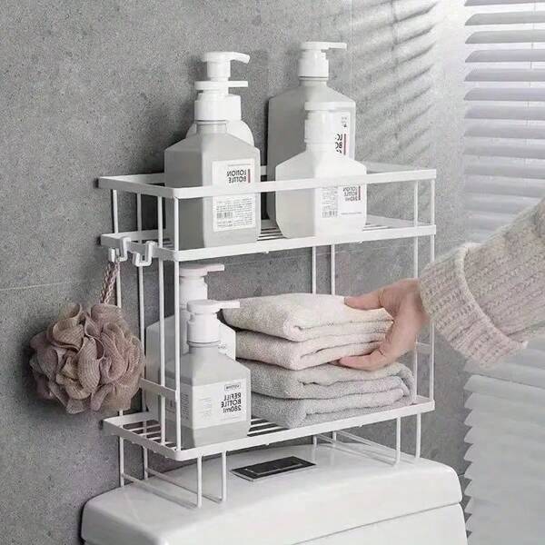 Étagère de rangement pour salle de bain en acier au carbone à placer au-dessus des toilettes, sans perçage. Organisateur de shampoing et de gel douche. Accessoire gain de place pour petites salles de bain. Étagère de salle de bain moderne. Facile à installer, accessoires de salle de bain