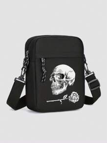 这款时尚黑色牛津布单肩包，配有可调节肩带，大容量休闲斜挎手机包，适合男士使用，饰有骷髅和玫瑰印花，是情人节、万圣节旅行者的理想礼物，也可作为帆布手提包、相机包、万圣节配饰、侧包或旅行包使用。 - 彩色 - 查看 13