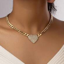 1pc Fashionable Minimalist Thick Chain With Fully Paved Heart Pendant Necklace - Yellow Gold - View 1