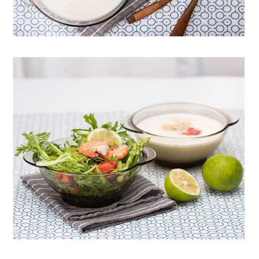1pc 欧式圆形玻璃碗 耐热双耳沙拉/甜点/拉面/鸟巢碗 北欧茶色