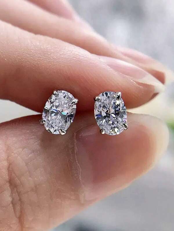 1 Pair 925 Sterling Silver 5A Cubic Zirconia Oval & Round Stud Earrings, Perfect Cut, Shiny, For Women Daily, Party, Wedding, Engagement, Fine Jewelry Gift