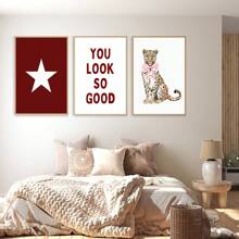 1/3 套时尚豹纹星形墙饰，粉色俏皮猎豹墙饰印花，你看起来真好，极简主义多巴胺装饰，无框墙饰 - 黑色 - 查看 3