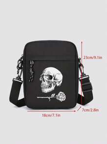 这款时尚黑色牛津布单肩包，配有可调节肩带，大容量休闲斜挎手机包，适合男士使用，饰有骷髅和玫瑰印花，是情人节、万圣节旅行者的理想礼物，也可作为帆布手提包、相机包、万圣节配饰、侧包或旅行包使用。 - 彩色 - 查看 2
