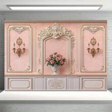 Fondo de fotografía de estilo europeo retro - Elegante fondo de fotografía de poliéster rosa y blanco con decoración de estilo barroco, perfecto para bodas, cumpleaños, fiestas y fotografía, uso en interiores/exteriores, sin necesidad de alimentación, decoración de pared para fiestas | Diseño europeo retro | Tela de fibra de poliéster, decoración de lujo para el hogar