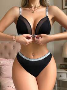 1pc Women Black Metal Thread Mesh Panel Front Closure Underwire Bra And Thong Set - Black - View 1