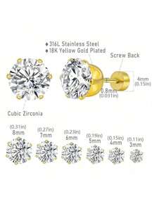 1 Pair Stainless Steel 18K Gold Plated CZ Stone Stud Earrings, Simple & Stylish Men's Ear Accessories, Ideal For Festive Occasions. - Zirconia Earrings - View 3