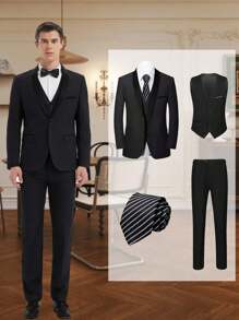 4 Piece Men's Polyester Suit Shawl Lapel, One-Button Blazer Matching Vest Pants Striped Tie, Party Style Solid Color Non-Stretch Woven Fabric Long Sleeve Regular Fit,Slim Fit Polyester Suits Set For Weddings Banquets Theme Parties Holidays - Burgundy - View 10