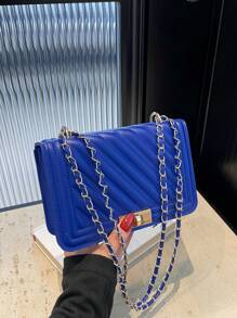 Fashionable New Solid Color PU Embossed Mini Shoulder Bag, Street Commuter Crossbody Bag, Simple Ladies Chain Small Square Handbag - Royal Blue - View 1