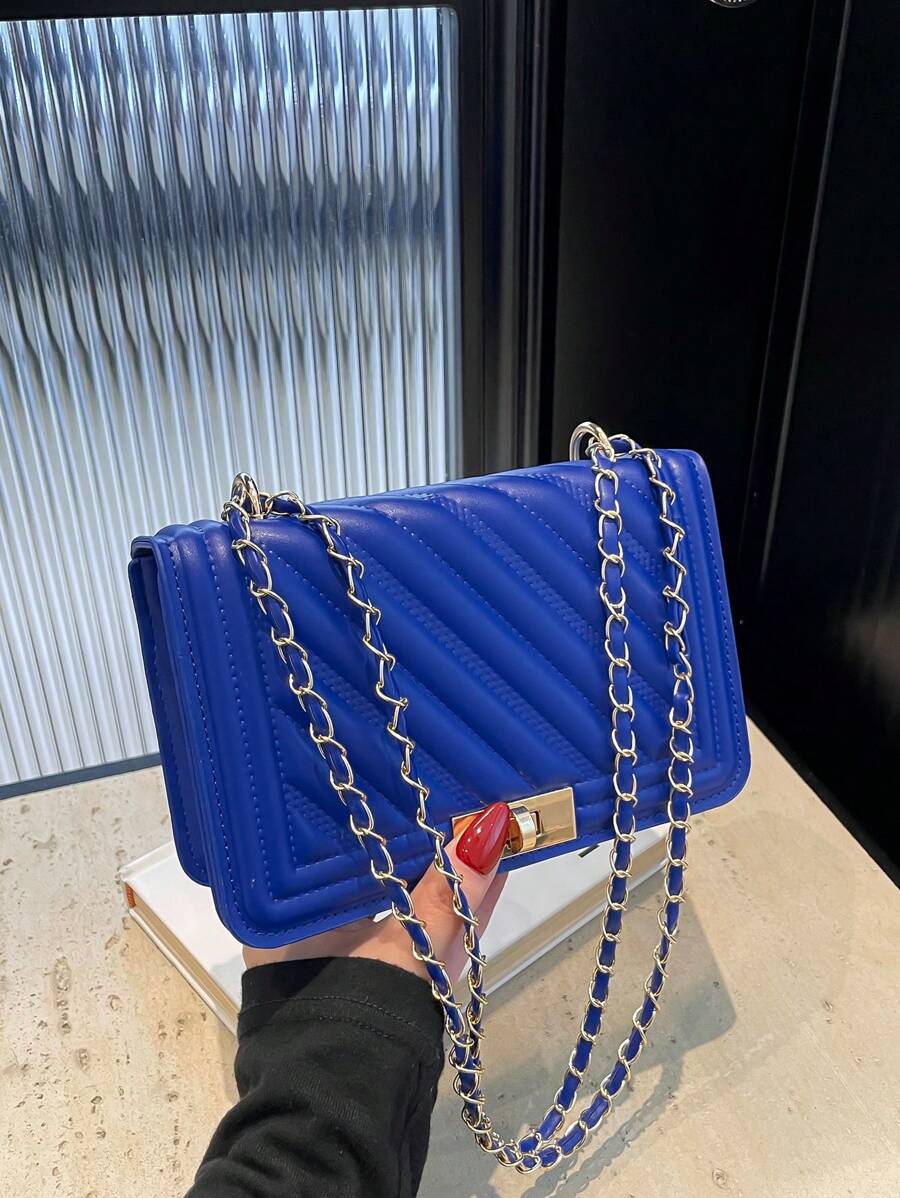 Fashionable New Solid Color PU Embossed Mini Shoulder Bag, Street Commuter Crossbody Bag, Simple Ladies Chain Small Square Handbag - Royal Blue - View 1