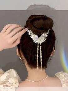 1 件花卉仿珍珠水钻蝴蝶结流苏优雅发夹，时尚日常使用 - 金色流蘇 - 查看 3