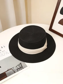 1 件女士宽边平顶帽，黑色编织带草编沙滩帽 - 草帽 - 查看 12