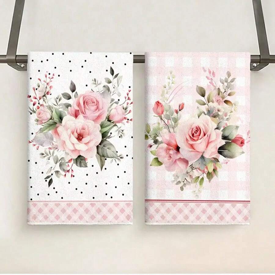 1 件/2 件超细纤维婚礼季节手巾，现代花卉和波尔卡圆点设计，柔软吸水可机洗涤纶洗碗布，非常适合厨房装饰、烹饪、烘焙、节日装饰和浴室必需品、餐桌装饰、厨房用品、家居装饰、新家浴室乔迁礼物、厨房毛巾