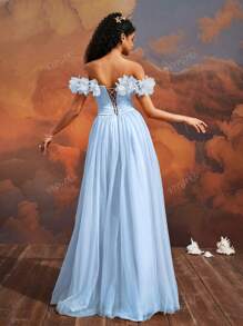 VIPGIRL SHEIN X Hannahelzahed Hannah Dreamy Blue Floral Off-Shoulder Tulle Ball Gown With High Slit, Corset Bodice, Princess Style Maxi Dress, Women Formal & Evening Dresses, Elegant Party Dress, For Wedding Guest