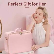 Pink PU Leather Portable Multi-Compartment Makeup Case, Makeup Artist Manicure Tool Handle Box, Perfect Travel Cosmetic Storage Container - Pink - View 6