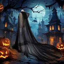 1pc Vintage Solid Color Hooded Capelet Vampire Bride Cloak, Black/Red/White Women Shawl Poncho, Sheer Adult Witch Cosplay Cape With Tail For Halloween, Christmas - Black - View 3