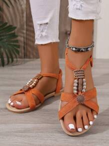 女士串珠平底凉鞋，时尚，夏季，复古，波西米亚风，适合度假