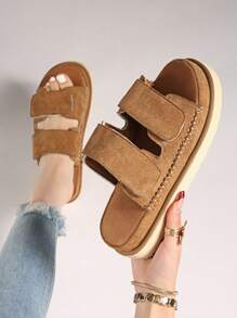 2024 Summer New Thick Sole Strap Hook And Loop Platform Sandals, Open Toe Roman Style Beach Shoes For Women - Brown - View 1