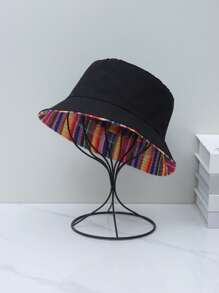 1pc Rainbow Striped Streetwear Polyester Mixed Color Reversible Bucket Hat, Casual Fashion Cap - Red - View 4