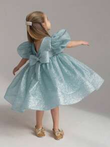 年轻女孩优雅亮片泡泡袖蝴蝶结后背深 V 连衣裙，公主裙适合儿童生日礼物、派对、宴会、舞会、婚礼花童、节日庆祝服装 - 淺藍色 - 查看 2