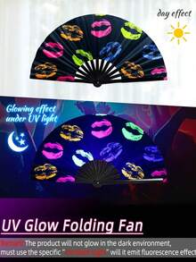 1 Peça Leque de Mão Grande de UV para Festa de Música de Carnaval, Show e Presente, Leque de Mão Dobrável de Luz UV para Presente, Festival de Música, Carnaval, Fantasia Arco-íris, Festa de Disco, Festa Neon, Suprimentos de Decoração de Festa Luminosa