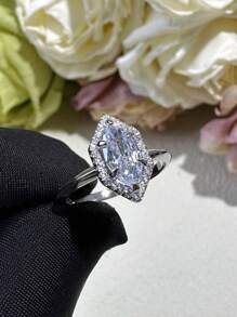 1pc 925 Sterling Silver Geometric Eye Shaped Frame Cubic Zirconia Women Ring, High Quality Jewelry Suitable For Daily Wear