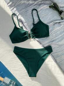 Swim Modern Women's Elegant Spaghetti Strap Bikini Set With Solid Color Strap Texture For Summer Beach