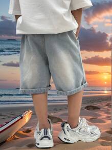 Young Boys' Loose Fit Ripped Denim Cropped Shorts, Summer - Blue - View 2