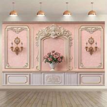 Fondo de fotografía de estilo europeo retro - Elegante fondo de fotografía de poliéster rosa y blanco con decoración de estilo barroco, perfecto para bodas, cumpleaños, fiestas y fotografía, uso en interiores/exteriores, sin necesidad de alimentación, decoración de pared para fiestas | Diseño europeo retro | Tela de fibra de poliéster, decoración de lujo para el hogar