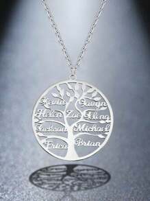Custom Tree Of Life Nameplate Necklace, Unisex, Personalized With Mother & Child / Family Member Names, Stainless Steel Pendant Necklace, 2-9 Name Customizable, Family Gift, Fashion, Autumn Style, Neutral, Casual Custom, Personalized