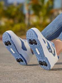 Nuevos zapatos convertibles de skate de 4 ruedas de moda para niños, cómodos tenis deportivos casuales con cierre de gancho y bucle para patinar al aire libre, color rosa para adolescentes - Azul - Ver 7