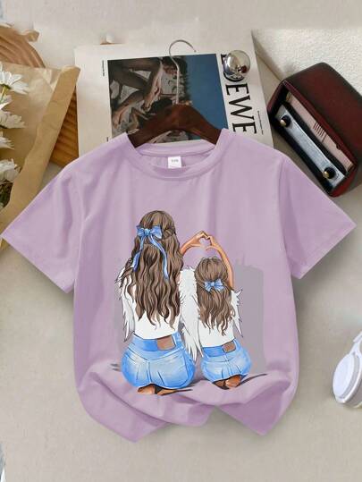 Young Girl's Cartoon Print Round Neck Short Sleeve Tee Spring And Summer Casual T Shirt For Young Girl