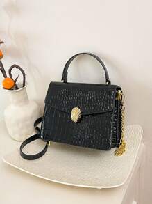 1pc Black PU Elegant Minimalist Crocodile Skin Pattern Metal Buckle & Chain Flap Cover Shoulder Handbag, Suitable For Ladies Spring/Summer, Office Commuter Bag, Outgoing Shopping Tote, Fit For Smartphone, Wallet, Lipstick, Keys, Tissue, Fashion Accessory