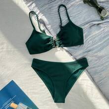 Swim Modern Women's Elegant Spaghetti Strap Bikini Set With Solid Color Strap Texture For Summer Beach