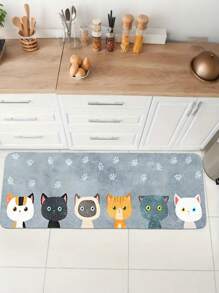 Cute And Colorful Cat Paw Print Area Rug, Features Cartoon-Style Cat Faces, Light Blue-Grey, Suitable For Entryway, Living Room, Bedroom, Dining Room, Hallway, Laundry Room, Kitchen, Balcony As Indoor Entrance Carpet, Modern Polyester Rectangular Non-Slip Absorbent Floor Rug - Indoor All-Season Home Decor, Kitchen Runner