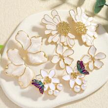 8 Pieces Set Fashion Small White Flower Flower Stud Earrings Drop Oil Metal White Flower Stud Earrings For Women Daily Summer Holiday Party Wear