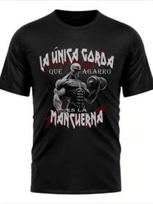 Una camiseta de 100% algodón con un peso de 220 gramos Playera Calaca Chida La Unica Gorda Que Cargo Es Mancuerna - Negro - Ver 1