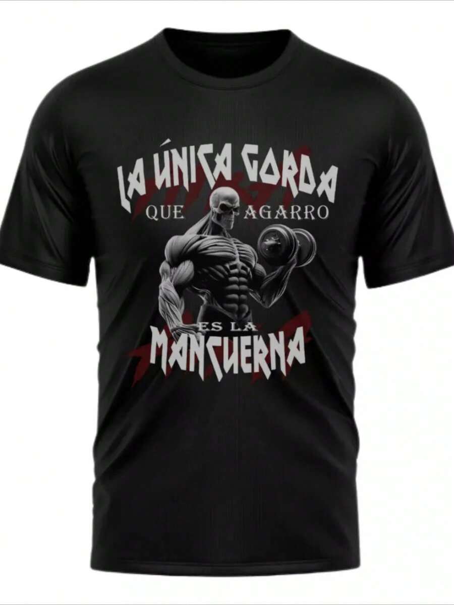 Una camiseta de 100% algodón con un peso de 220 gramos Playera Calaca Chida La Unica Gorda Que Cargo Es Mancuerna - Negro - Ver 1