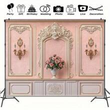 Fondo de fotografía de estilo europeo retro - Elegante fondo de fotografía de poliéster rosa y blanco con decoración de estilo barroco, perfecto para bodas, cumpleaños, fiestas y fotografía, uso en interiores/exteriores, sin necesidad de alimentación, decoración de pared para fiestas | Diseño europeo retro | Tela de fibra de poliéster, decoración de lujo para el hogar